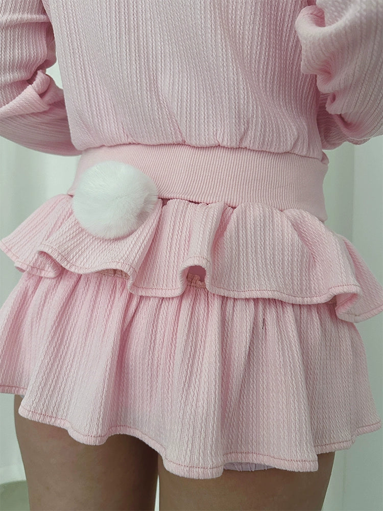 Cat pink knitted short sweater, mini skirt