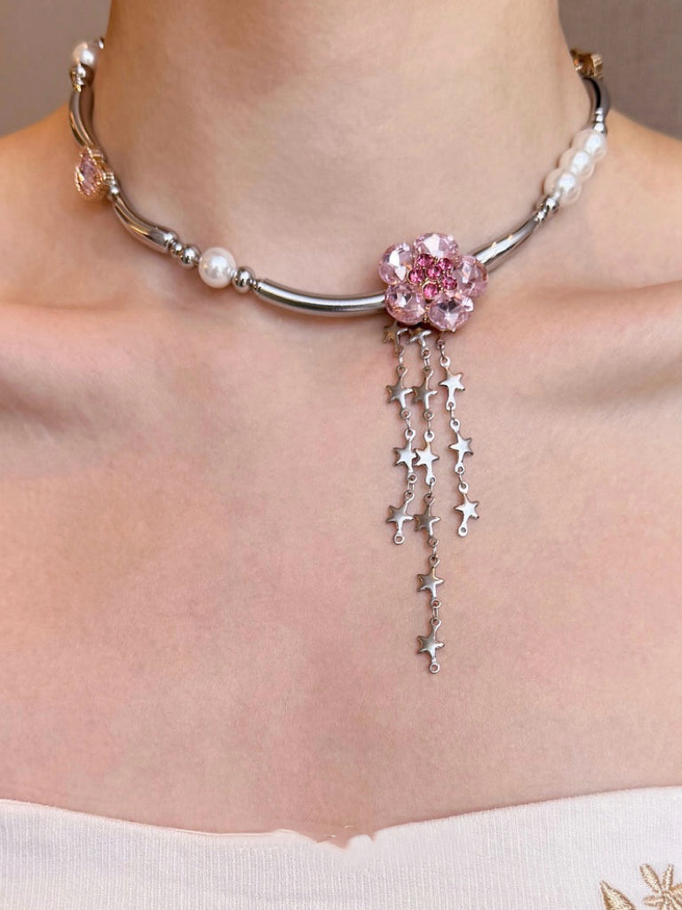 Barbie Jenny Pink Diamond Flower Pearl Tassel Titanium Steel Necklace
