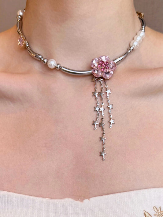 Barbie Jenny Pink Diamond Flower Pearl Tassel Titanium Steel Necklace