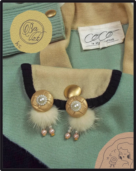 Plush Ball Ballet "Light Gold Round Pearl Calf Earrings Beautiful Winter