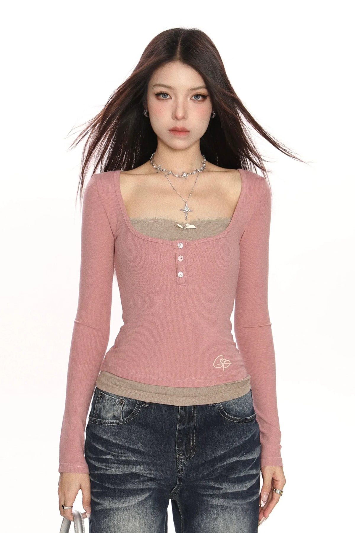 Coquette Long Sleeve Tee Layered Ribbed Top