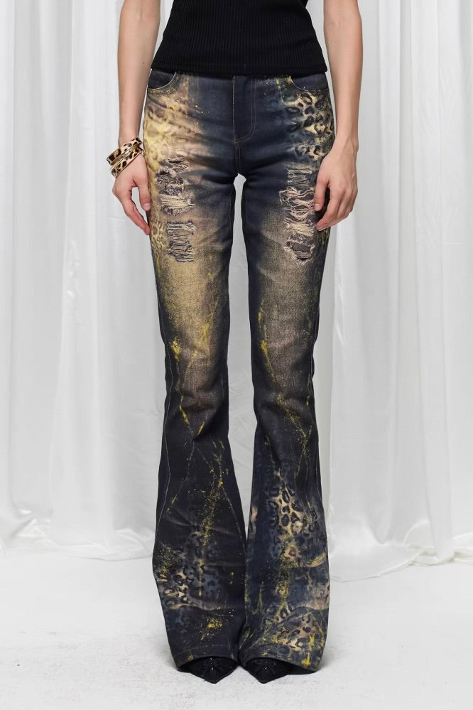 Leopard print hot stamping flared jeans