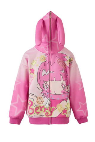 Pink girl rabbit ear velvet coat