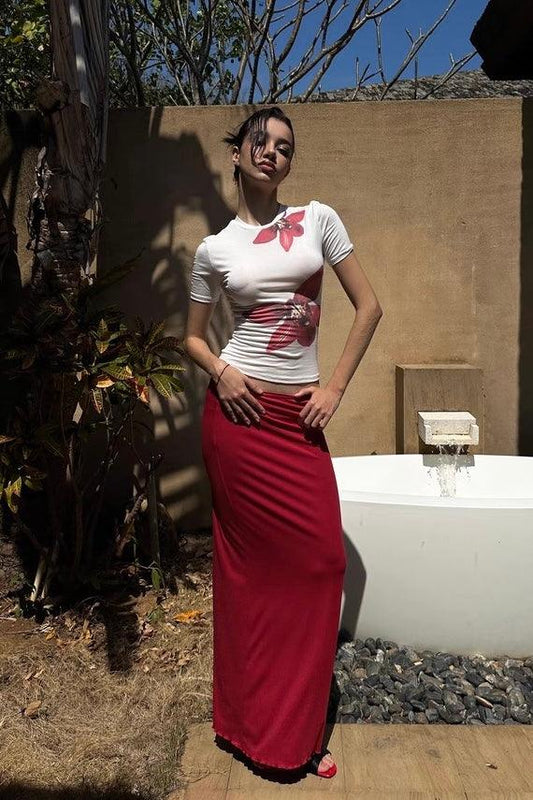 White printed Tee red shirt set