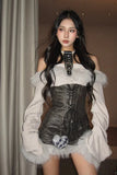 Black Faux Leather Corset Top with Furry Trim & Bell Sleeves