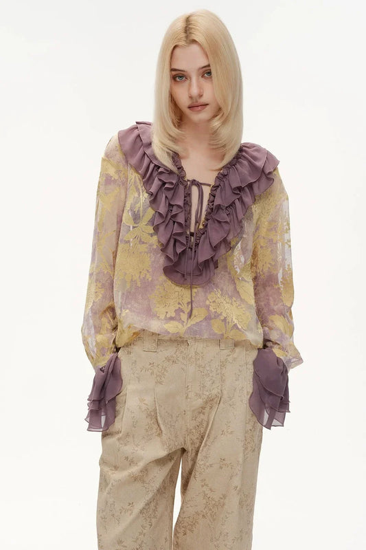 Vintage color-blocked burnt loose shirt court-style flared sleeve top