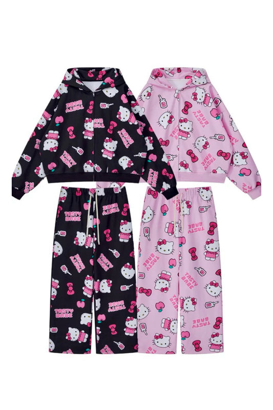 Kitty full print black/pink loose sweater set