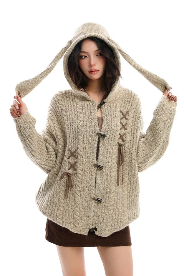 Beige Bunny Ear Hooded Knit Cardigan with Lace-Up