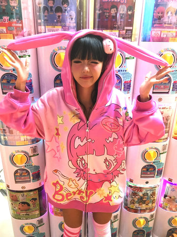 Pink girl rabbit ear velvet coat