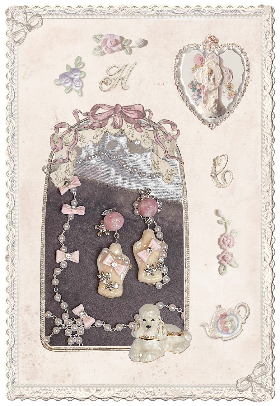 ~* Pearl wrapped angel statue *~Fashionable Barbie angel pink rose antique earrings