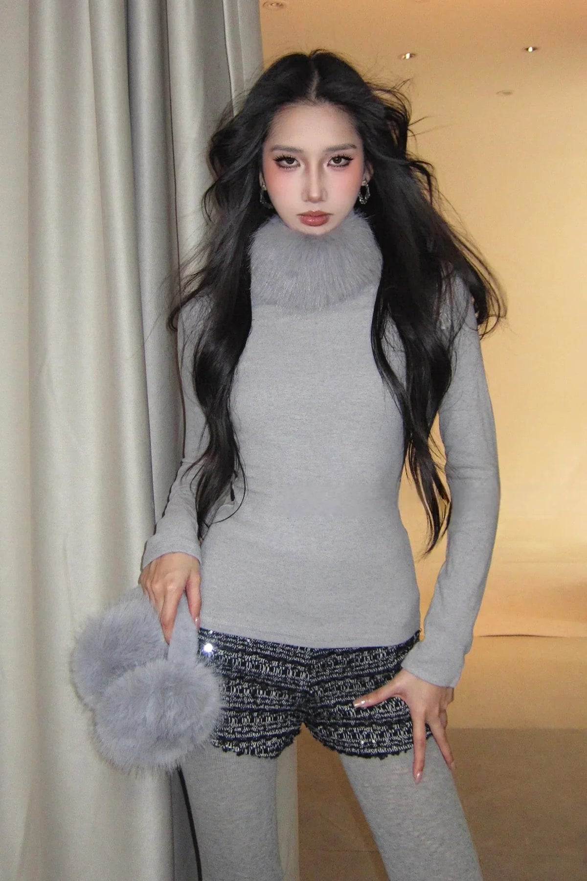 Furry Collar Turtleneck Ribbed Top
