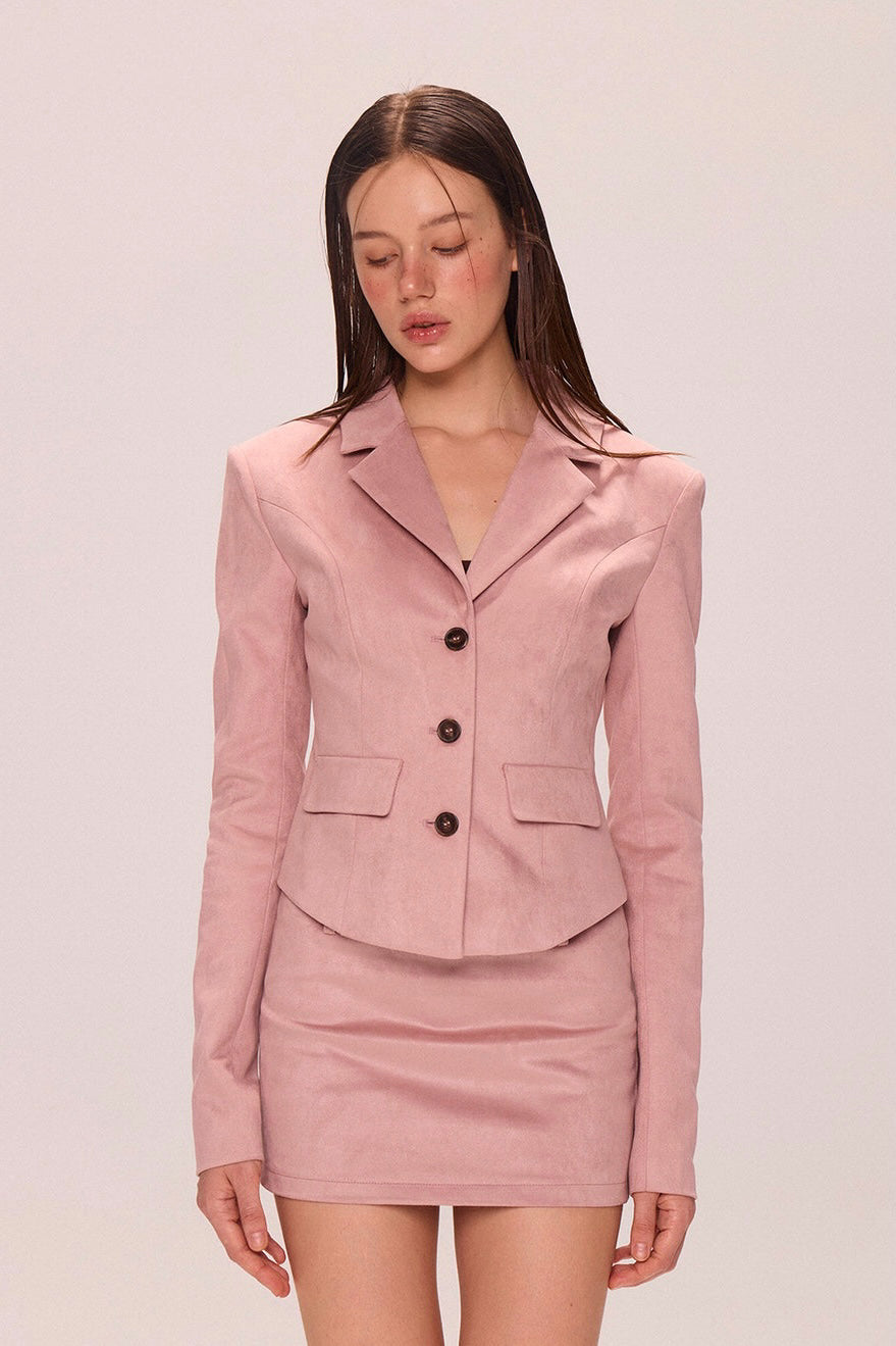 Pink suede suit jacket kirt set