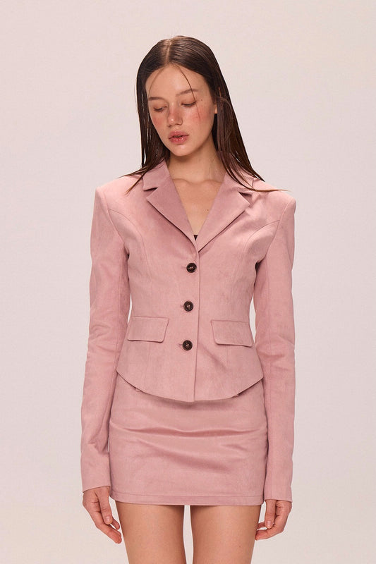 Pink suede suit jacket kirt set