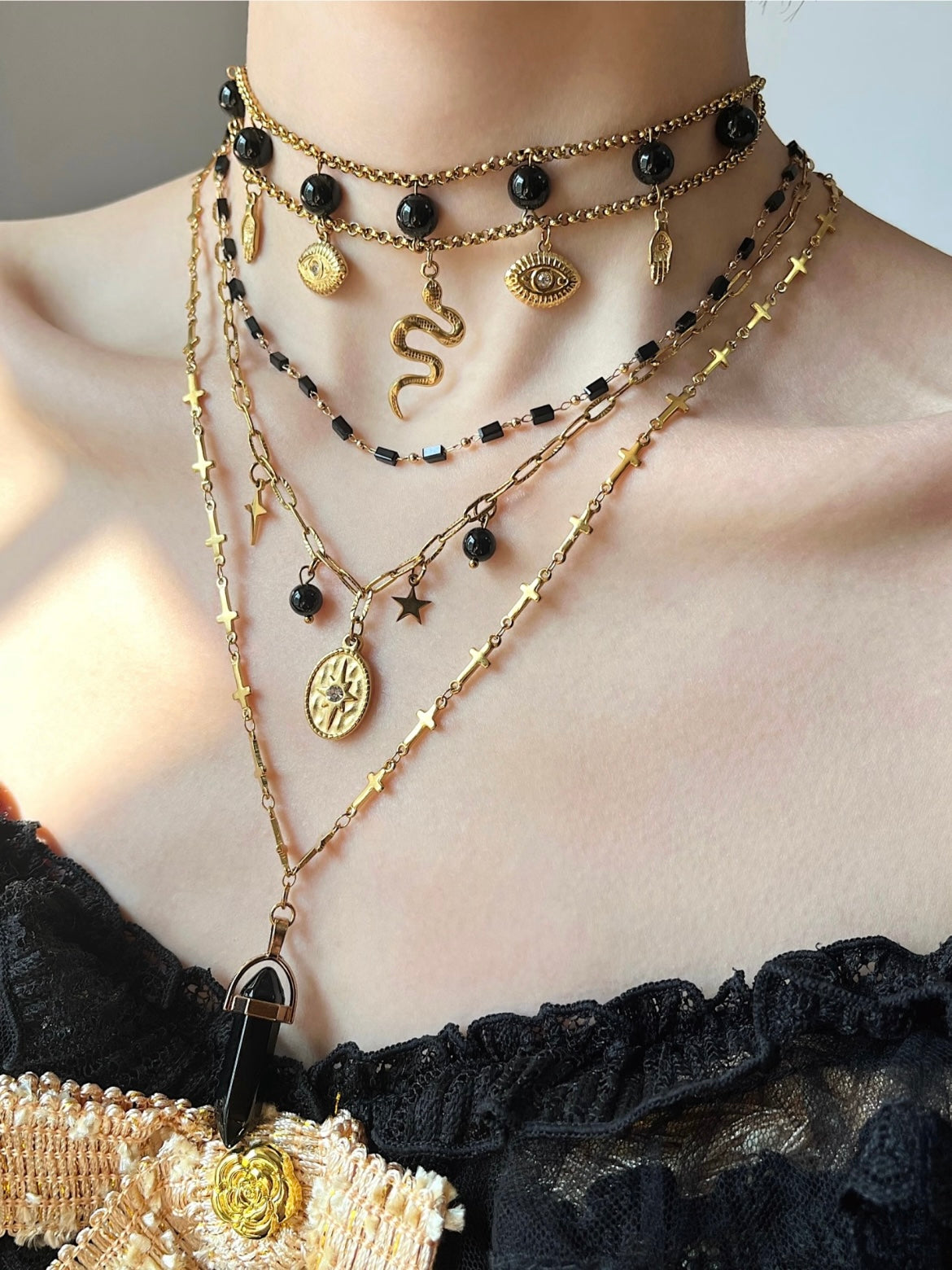 Midnight Sniper Black Gold Medusa Snake Titanium Steel Agate Necklace