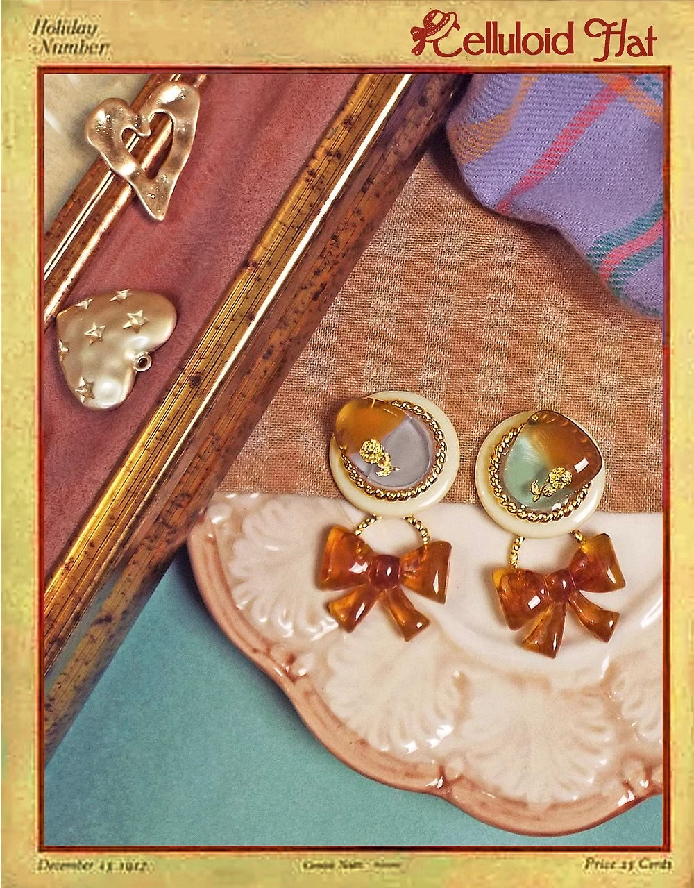 *Celluloid hat *~Two tone small stone and amber butterfly earrings