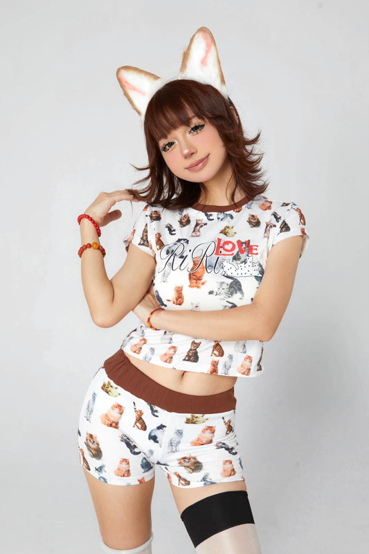 Full print of cute kitten short-sleeved shorts suit