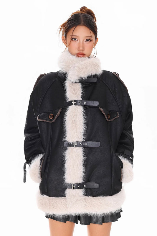 Woolen collar spliced cotton jacket