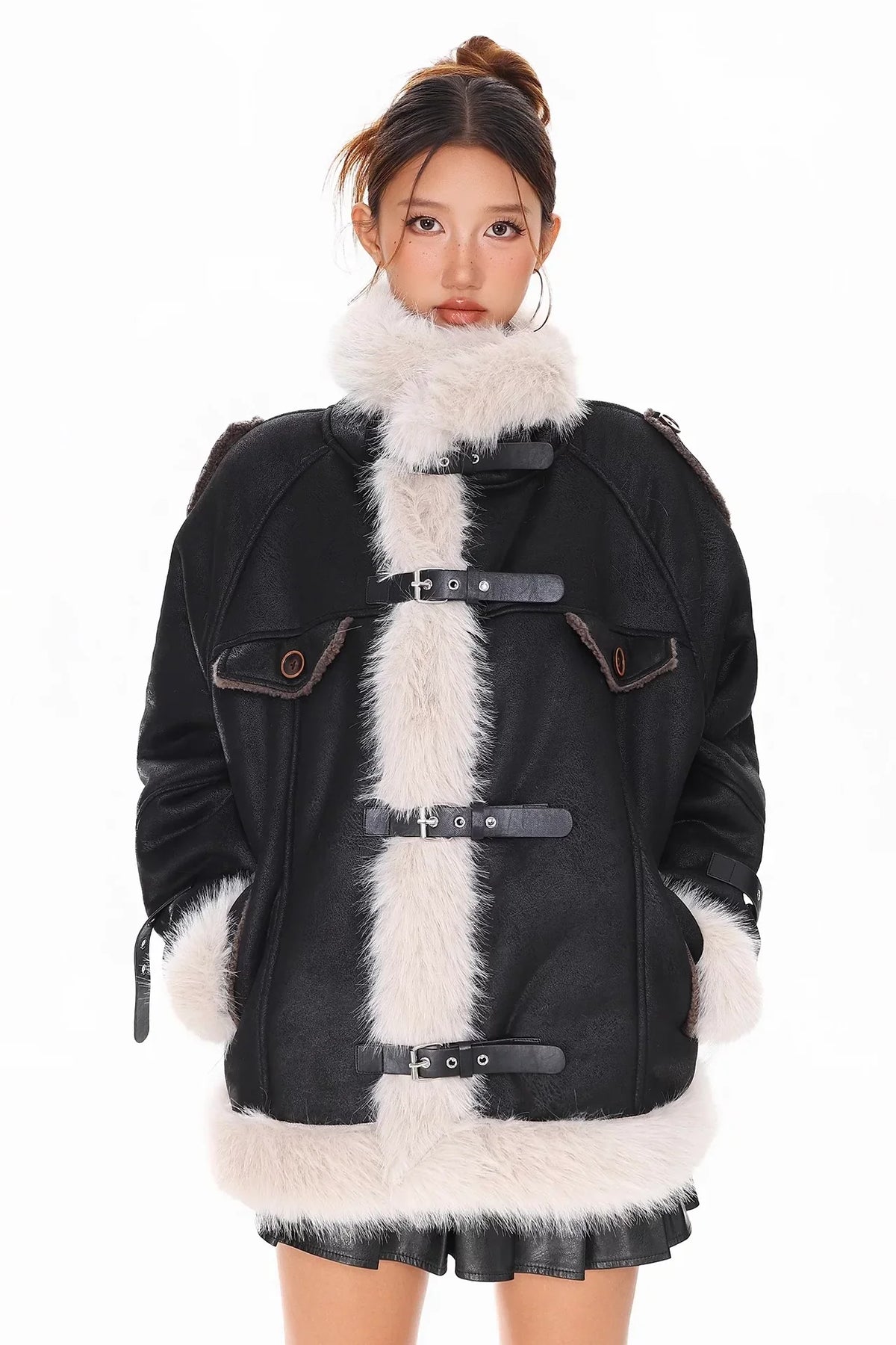 Woolen collar spliced cotton jacket