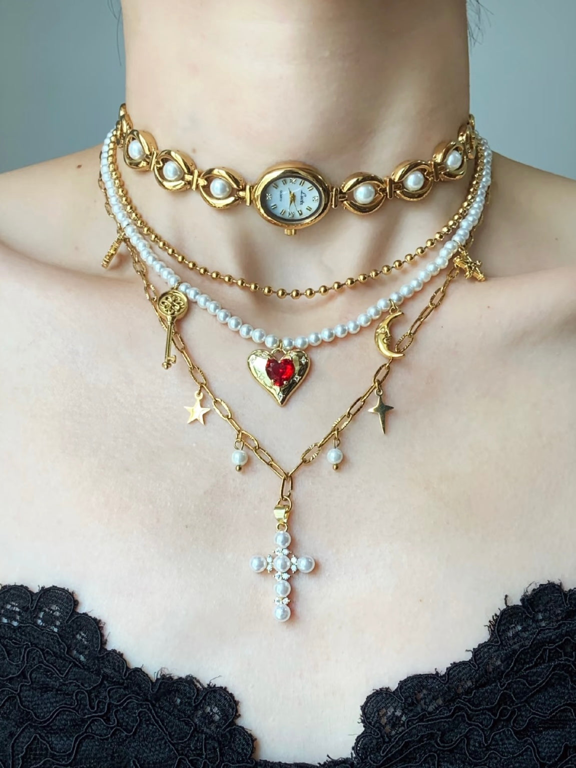 Diana Pearl Love Gold Clock Cross Necklace choker