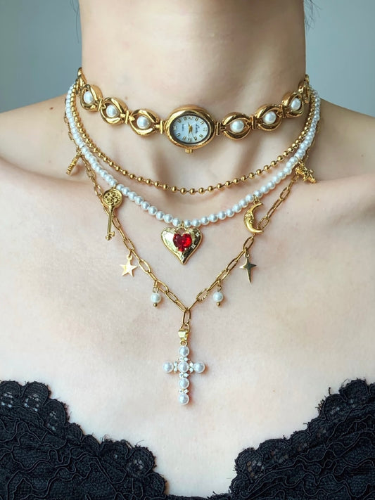 Diana Pearl Love Gold Clock Cross Necklace choker
