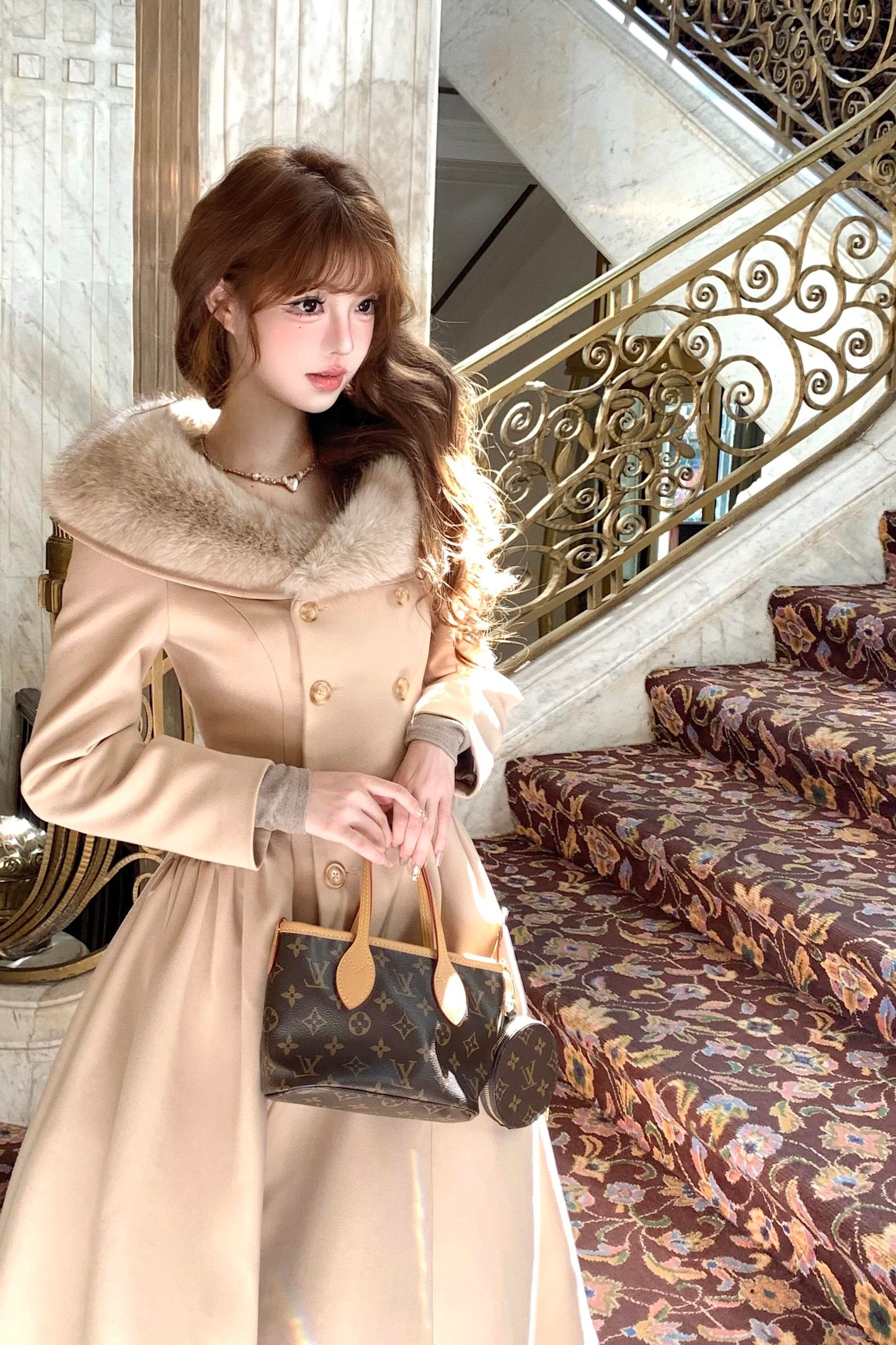 Beige Faux Fur Collar Flared Maxi Princess Coat