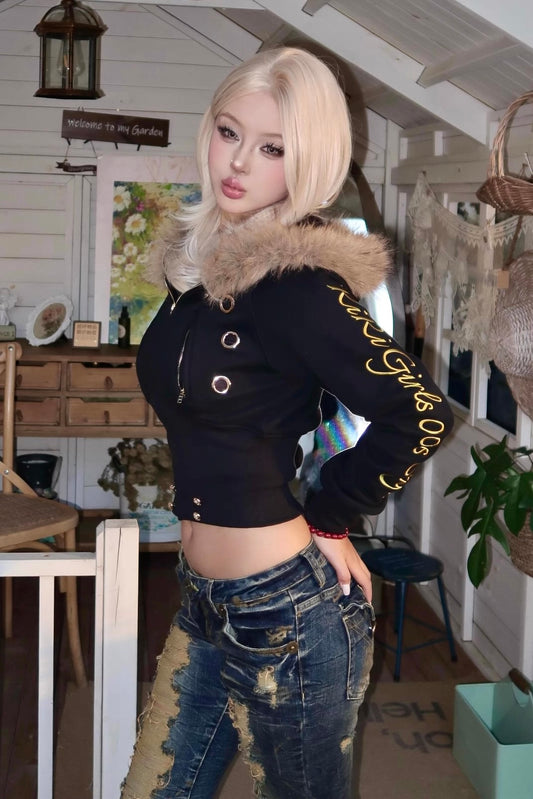 furry hooded sweatshirt and a black embroidered jacket