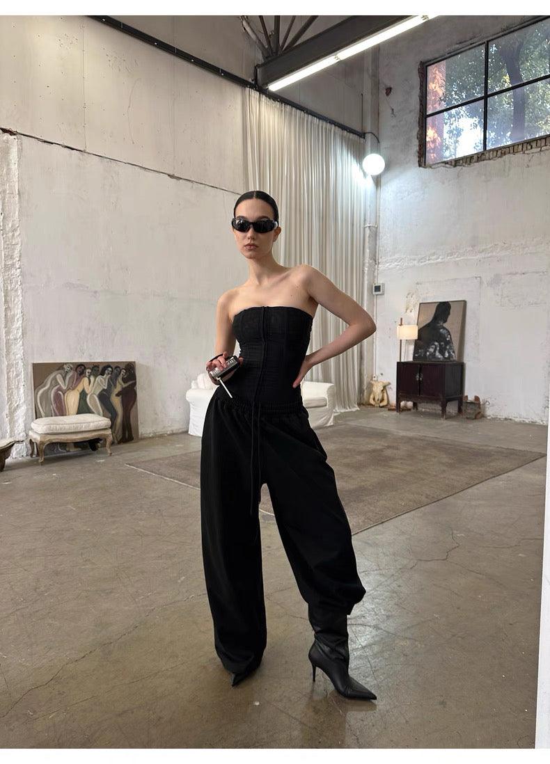 Black Drawstring Straight Pants