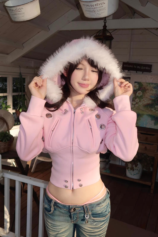 furry hooded sweatshirt and a black embroidered jacket