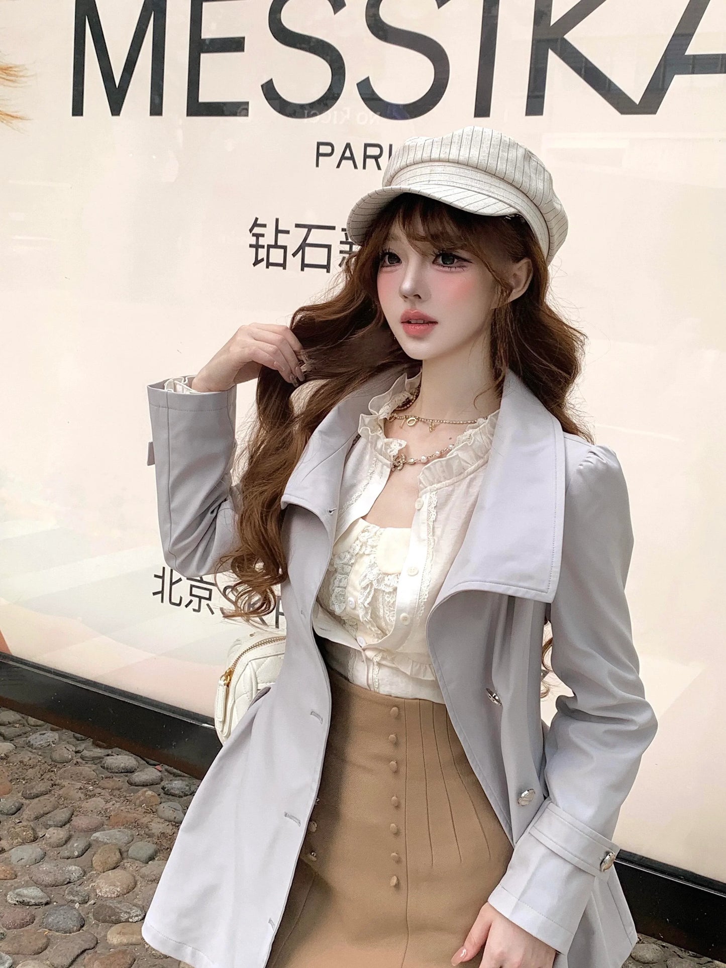 Light Grey Short Waist Tie Trench Coat
