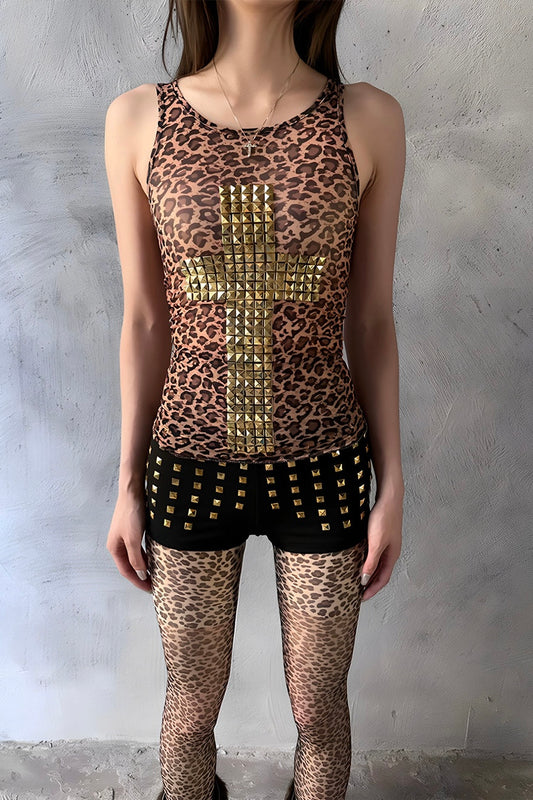 Gold Rivet Large Cross Leopard Print Vest
