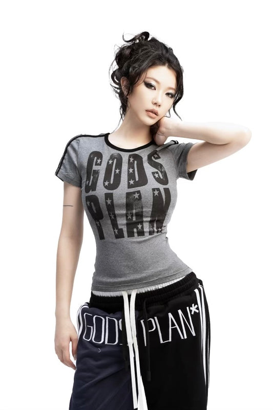 Dark round neck letter color blocked printed short sleeved shirt