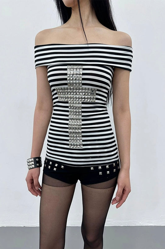 Cross Rivet Black and White Striped Top