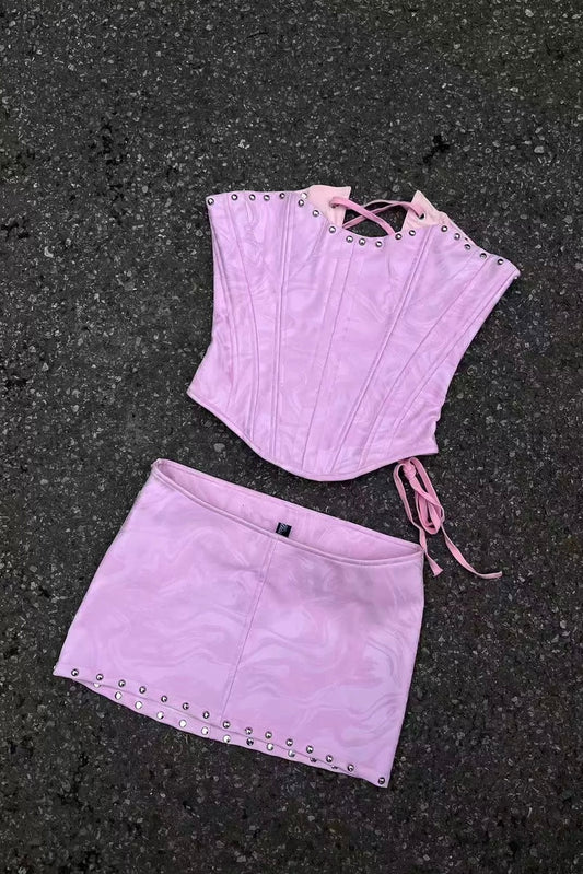 Rivet pink fishbone corset mini skirt set