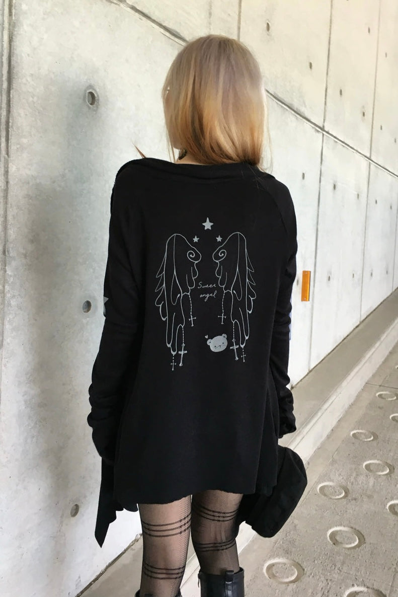 Irregular black robe cardigan with wing print