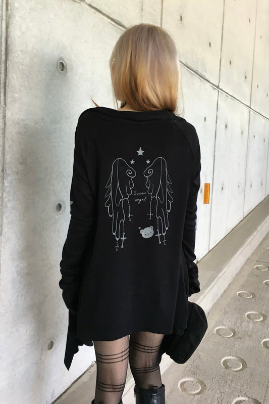 Irregular black robe cardigan with wing print