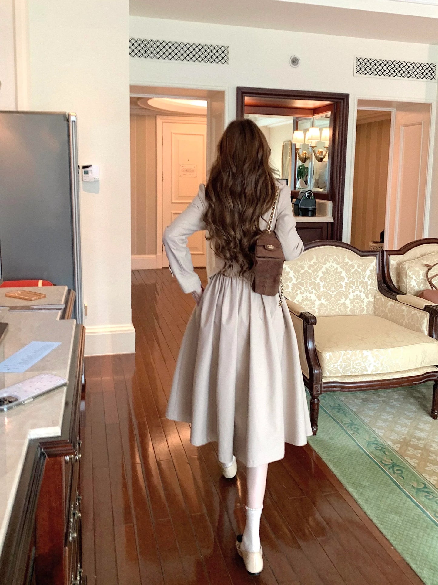 Beige Princess Style Waist Tie Trench Coat