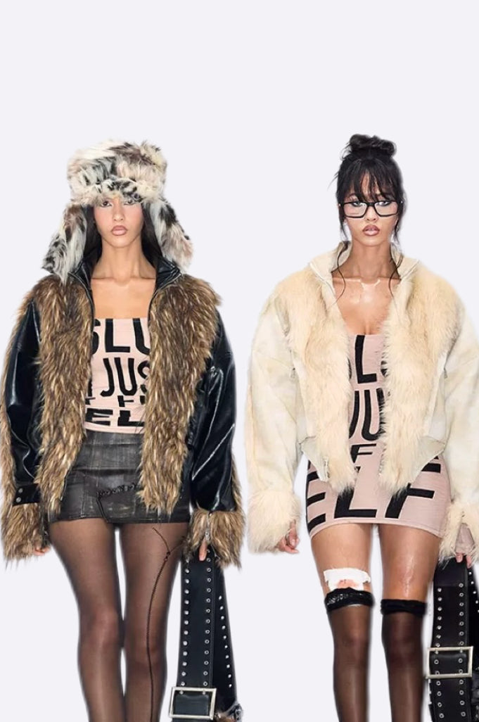 Large-pocket plush faux fur coat