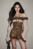 Brown Faux Leather Corset Top with Furry Trim & Bell Sleeves