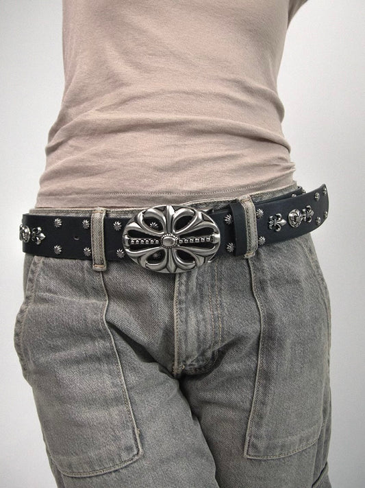 Antique silver cross carved rivet punk black belt