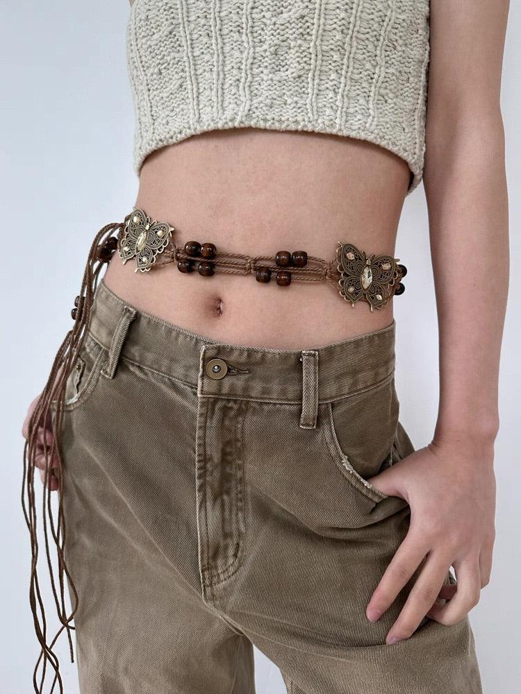 Bohemian ethnic style butterfly wood bead wax rope hand woven belt