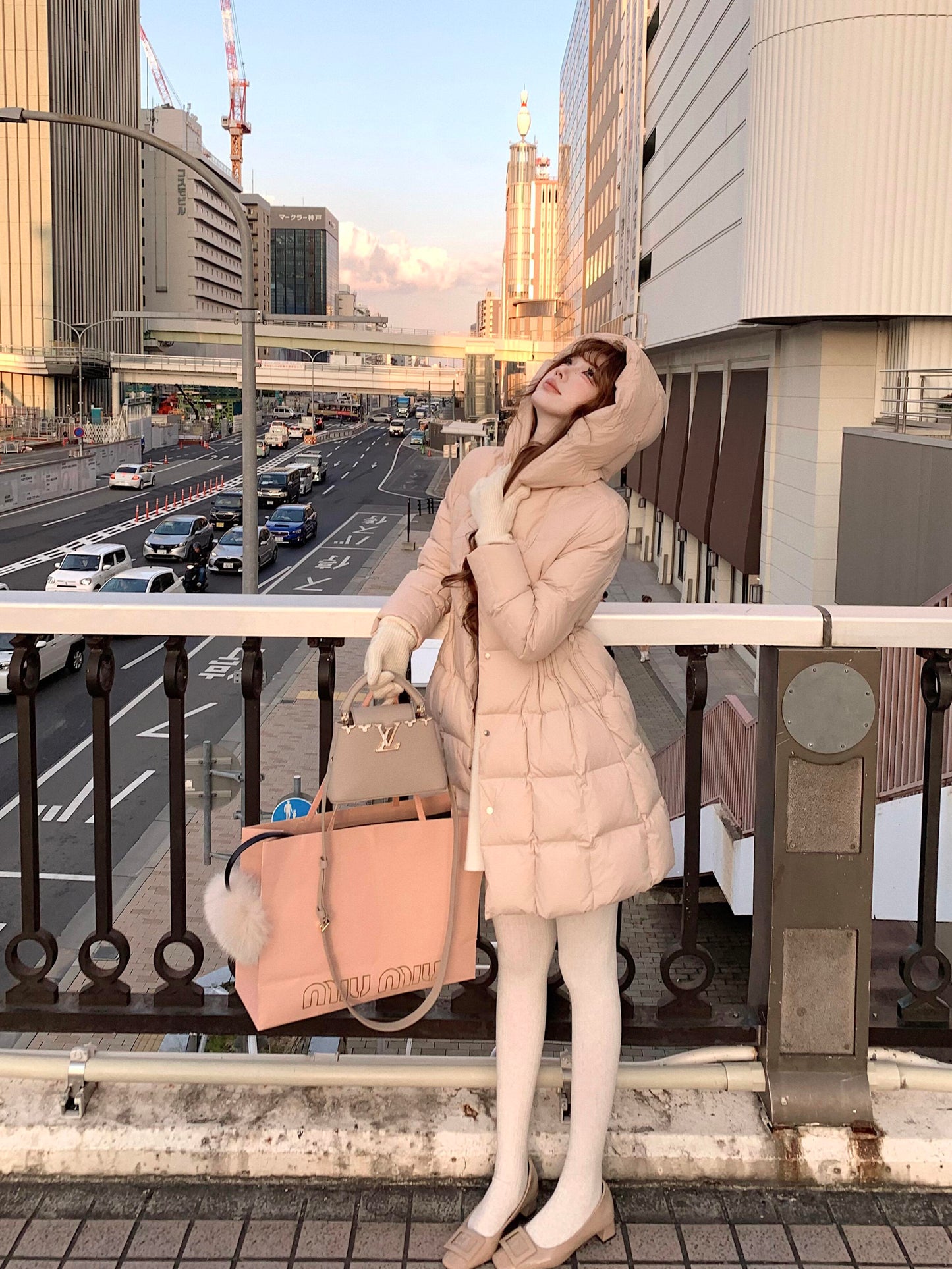 Waist down with fur collar cotton-padded jacket