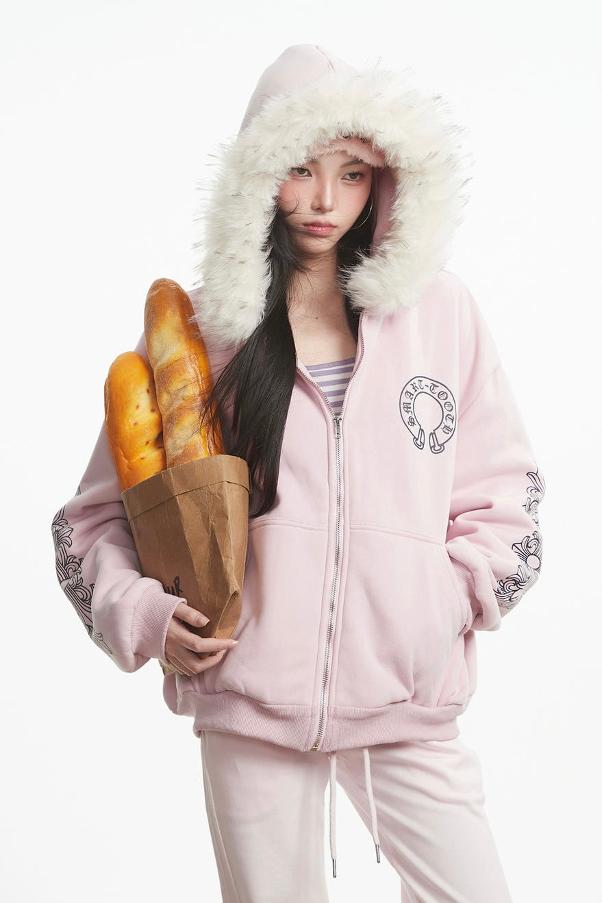 Black Gothic printed fur collar hooded sweatshirt