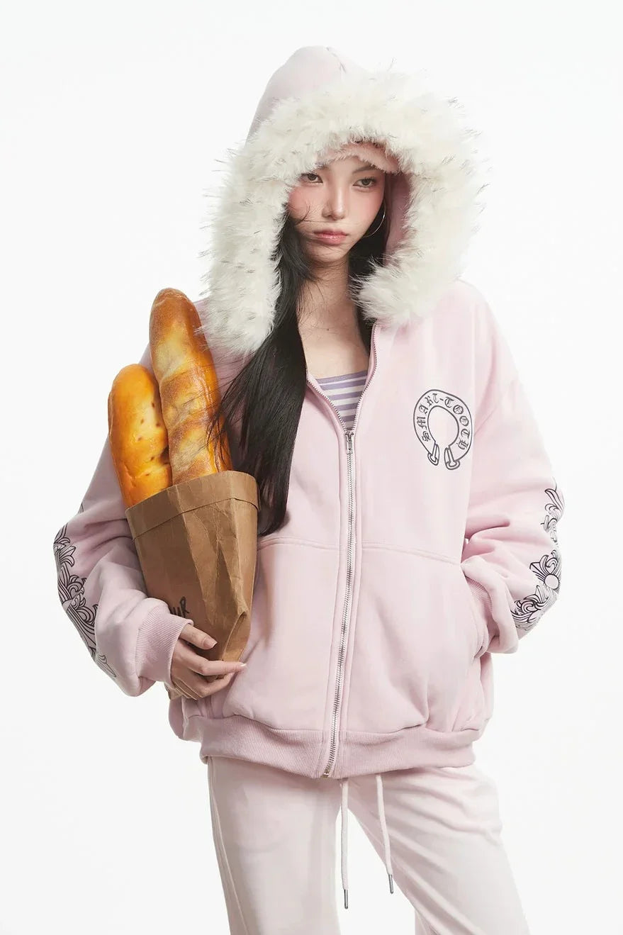 Gothic printed fur collar hooded sweatshirt