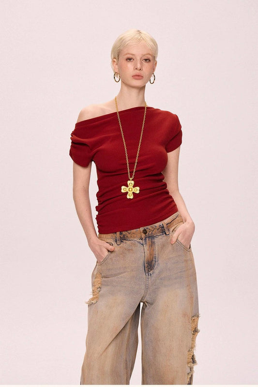 one shoulder top red