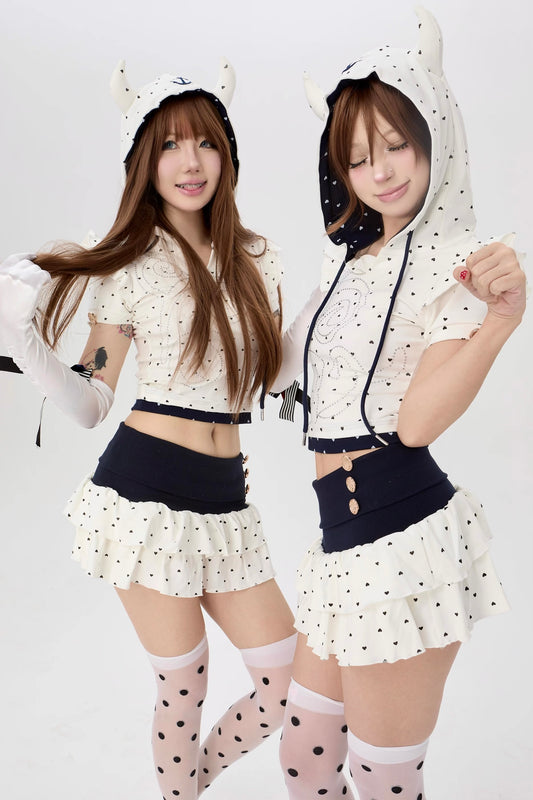 two little devil love print puff sleeve short skirt set