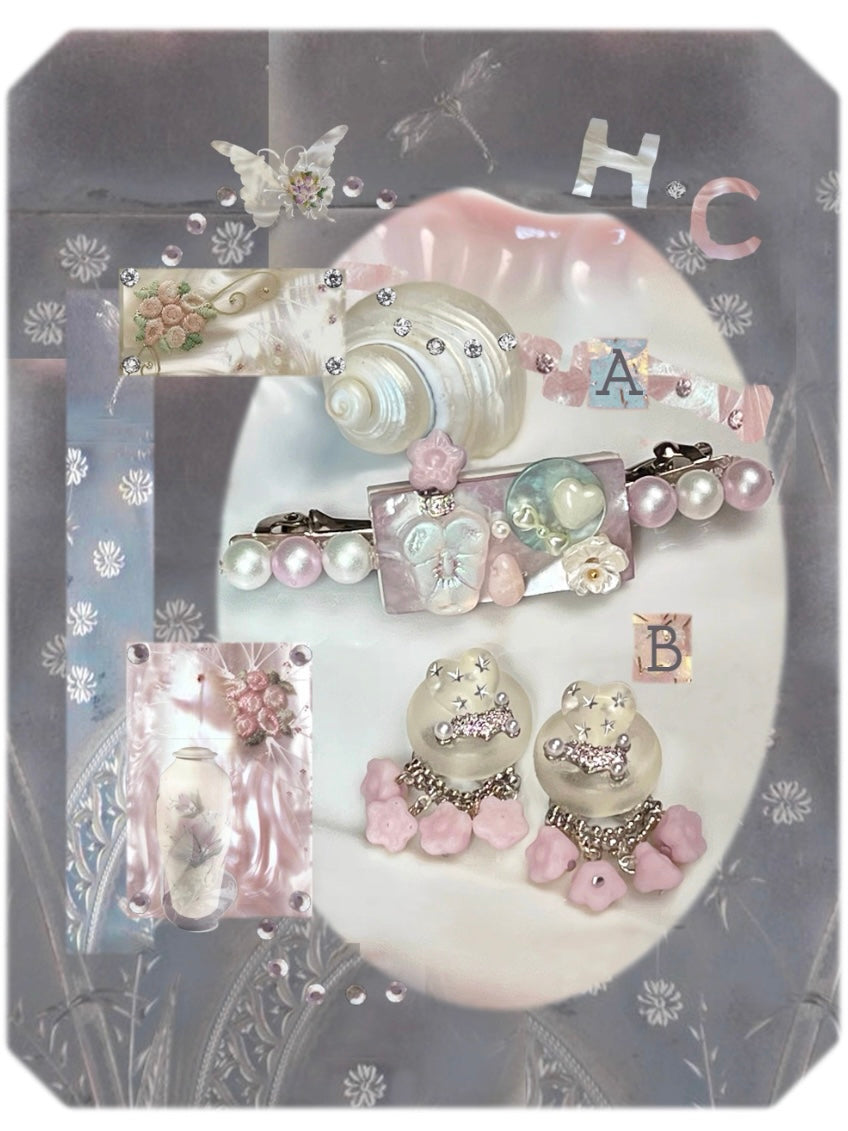 Cold Fragrance Pill and Painting Axis "Snow Pink Beimu Sakura Branch Flower Album Earrings&Hair Clip Set