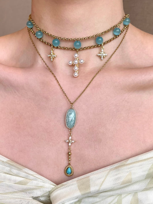 Blue Cat Eye Tianhe Stone Star Cross Titanium Steel Necklace Choker