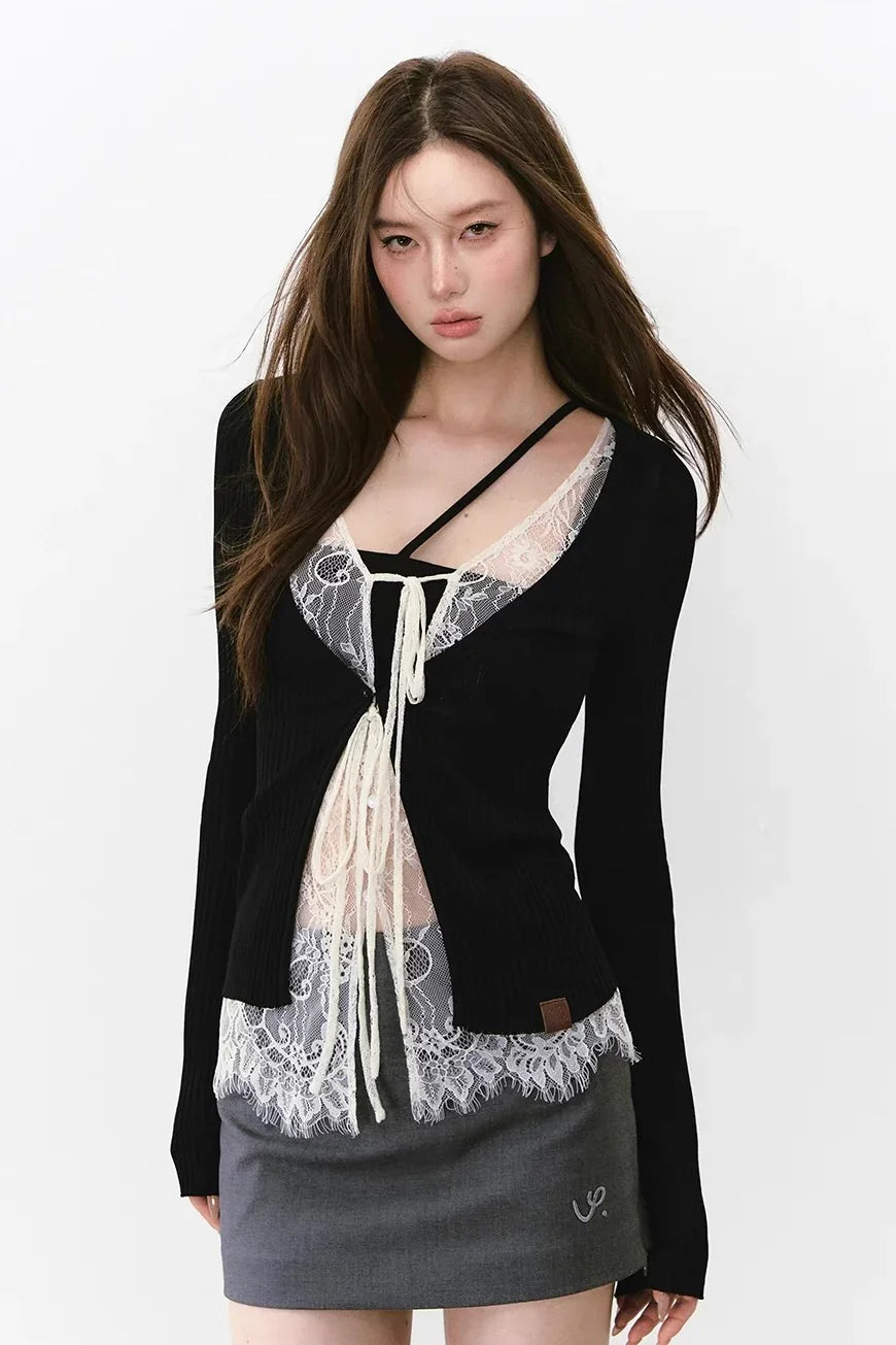 Lace sunshade woolen cardigan
