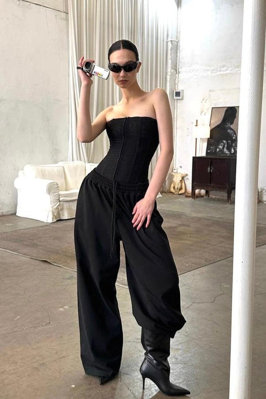 Black Drawstring Straight Pants