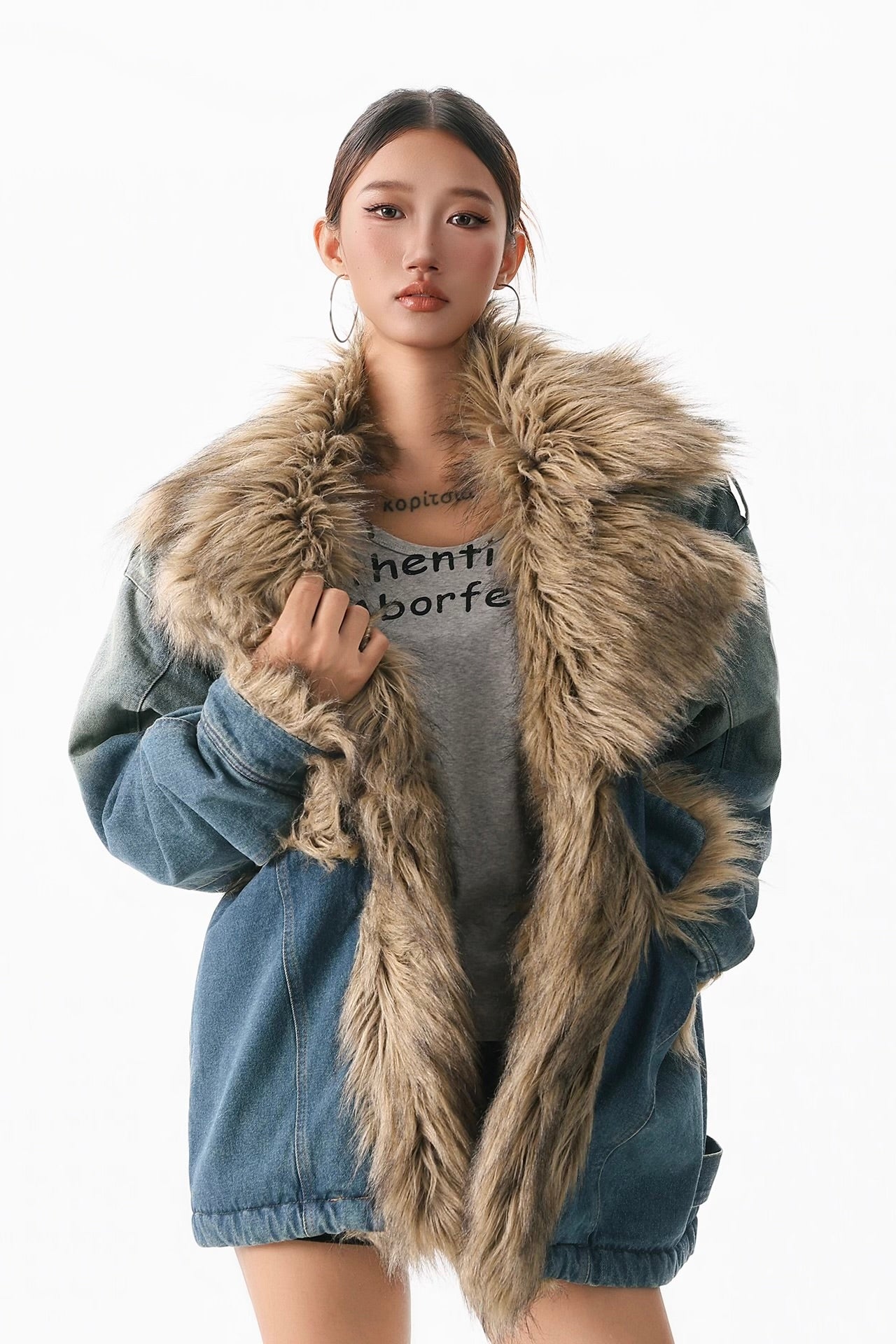 Retro fur collar denim cotton jacket